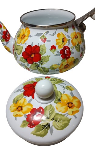 Vintage Floral Tea Kettle Teapot Red Yellow Metal Enamel Side Handle 1970 SEE - Picture 9 of 14
