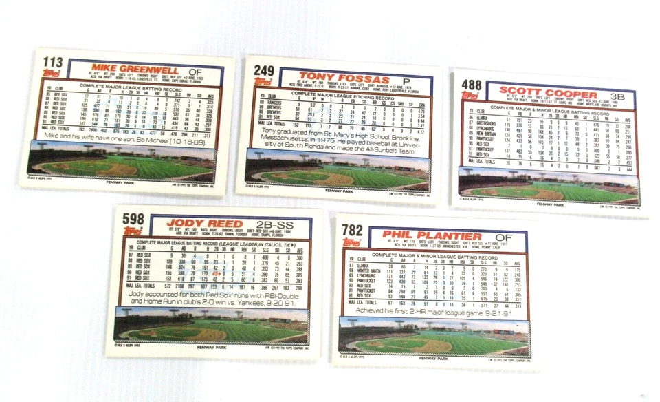 Tarjetas de béisbol de los Medias Rojas x5 #113#249#488#598#782 Major League 1992 Topps Company Foto 2 de 4