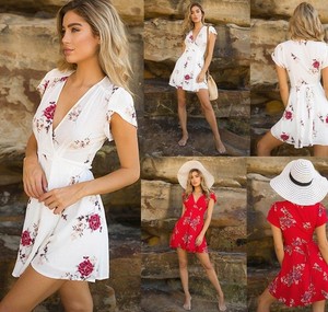 Women-039-s-Boho-Floral-Chiffon-Summer-Party-Evening-Beach-Short-Mini-Dress-Sundress