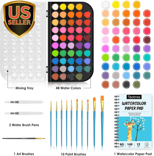 Watercolor Paint Set, 48 Colors Watercolors Kit Water Colors with 10 Paint Brush - Picture 2 of 8