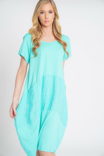 Damen italienisch Lagenlook Leinen Panel Einsatz Schaufel Ausschnitt Baumwolle 2 Taschen Kleid - Bild 38 von 65