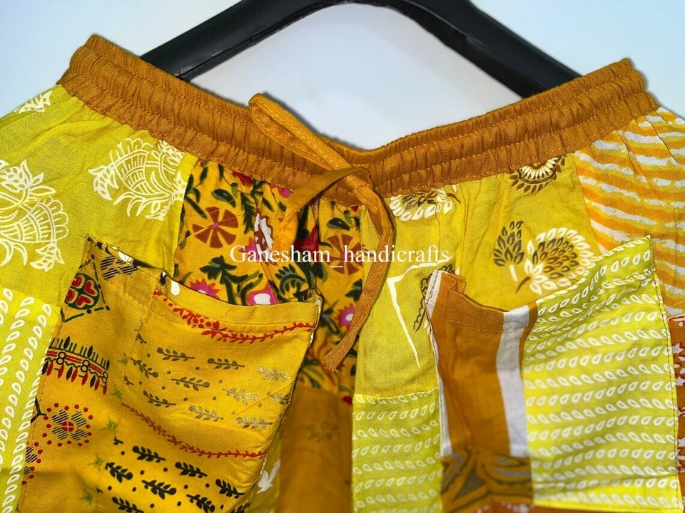 Pantalones harén con retazos amarillos, pantalones harén boho hippie, pantalón bohemio de pierna ancha Foto 2 de 4