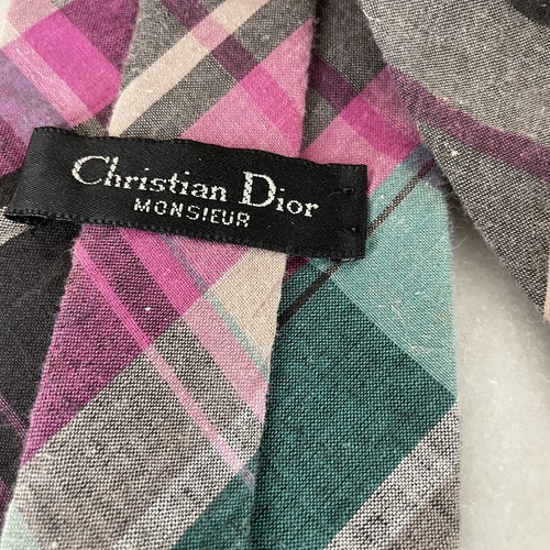 VTG Christian Dior Monsieur Madras Plaid Multicolor Cotton Tie Gray Pink Teal - Picture 7 of 9