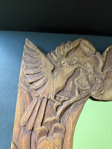 Vintage Holz handgeschnitzt böhmischer Spiegel quadratisch Vogel Blume braun tropisch Küste - Bild 5 von 8