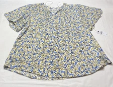 AB Studio Women’s V Neck Blouse Flower Pattern Yellow/Blue Size XL Shortsleeve