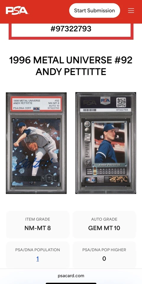 RARO 1996 Skybox Metal Universe Andy Pettitte RC Yankees PSA 8 PSA/DNA AUTO 10💎 Foto 3 de 3
