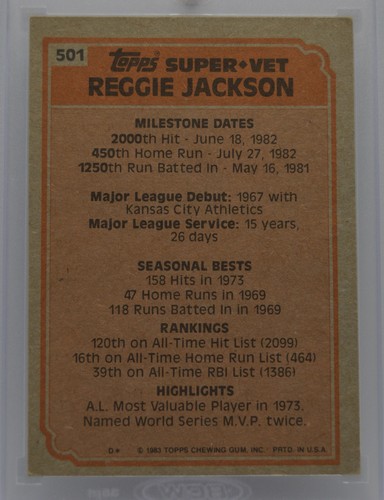 Reggie Jackson 1983 Topps #501 - Picture 2 of 2