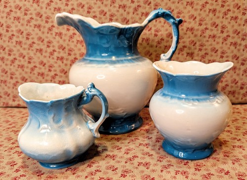 Dresden Semi-Porcelain 3-Piece Pitcher Vase Set~Aqua Ombre~Chic Farmhouse~ATQ - Picture 7 of 22