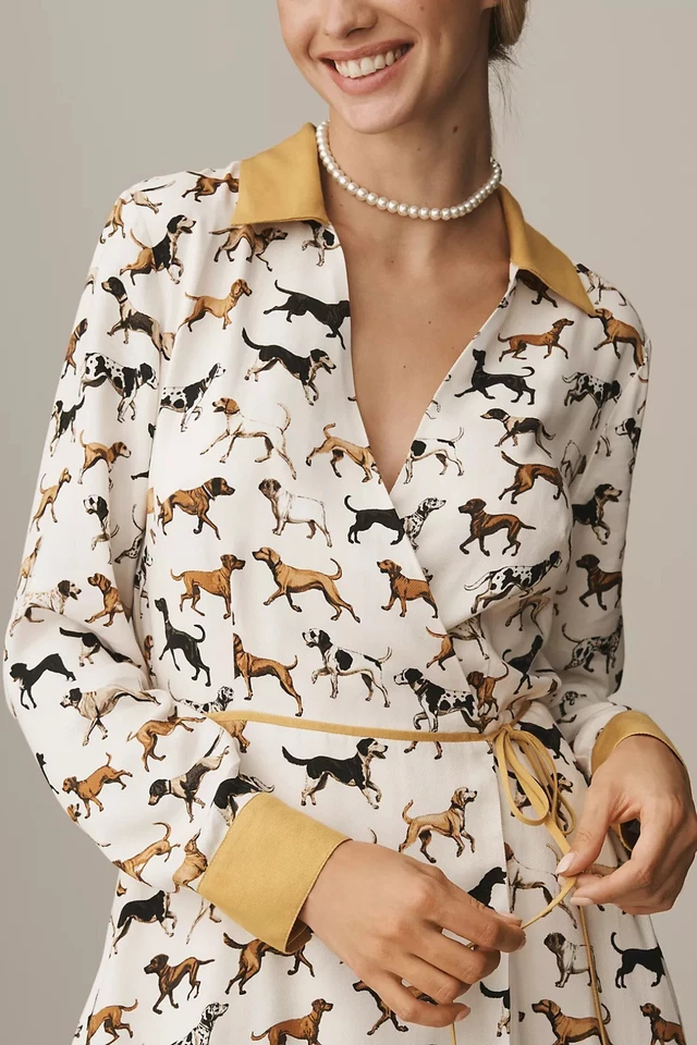nwt ANTHROPOLOGIE MAEVE sz Large Long-Sleeve Dogs Print Wrap Dress - Image 4 of 4
