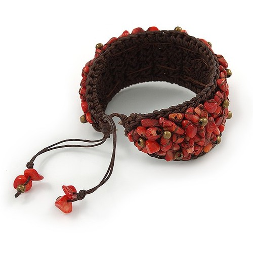 Handmade Coral Nugget Brown Cotton Cord Cuff Bracelet - Adjustable - Picture 6 of 6