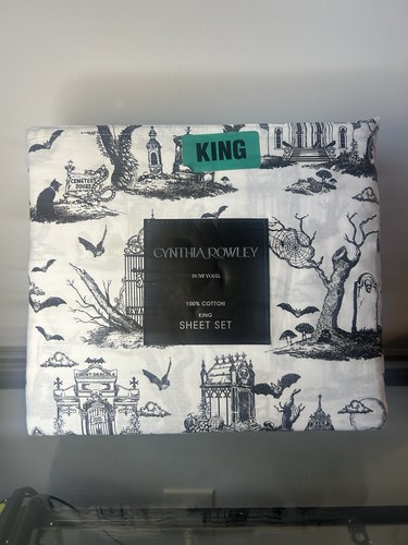 Cynthia Rowley Halloween Haunted Toile Black Goth Sheet 4PC KING