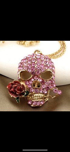 Betsey Johnson Pink Crystal Skull Necklace. 26” Chain