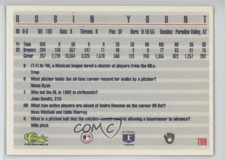 1993 Classic Update Blue Travel Edition Robin Yount #T99 HOF - Image 2 of 2