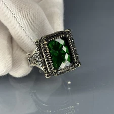 Emerald Stone 925 Sterling Silver Men's Ring: Turkish Handmade Jewelry, Size 12