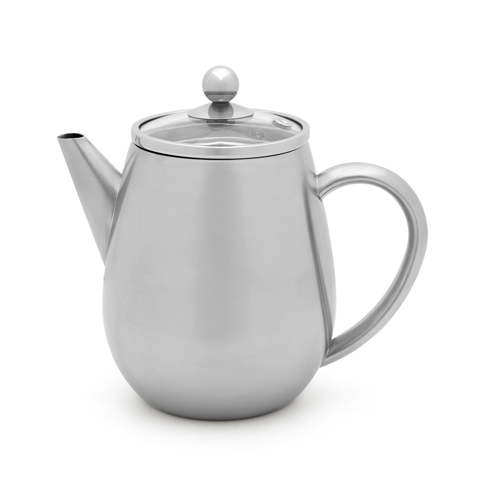 Teekanne 0.5 Liter doppelwandig Edelstahl-Kanne silber Glas-Deckel Filtersieb
