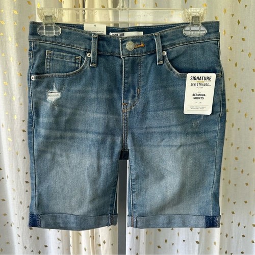 Signature Gold By Levi Strauss Girls Distressed Medium Wash Bermuda Shorts 12 - Picture 2 of 6
