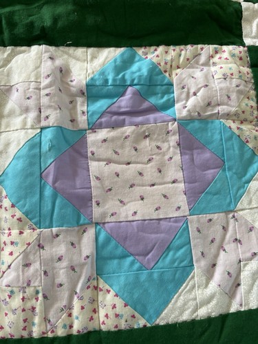 Vtg Handmade Purple Green Floral Patchwork Quilt, Granny Square Multi Stars - Picture 3 of 7