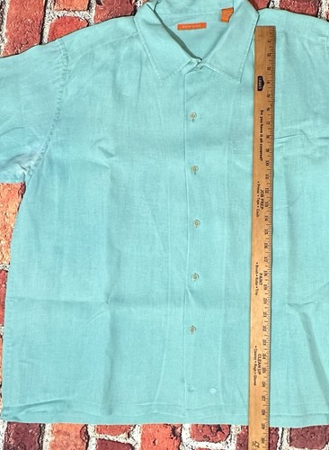 MARTIN GORDON MENS SHIRT SIZE XL 100% LINEN TEAL BLUE BUTTON DOWN SHORT SLEEVE - Picture 7 of 12