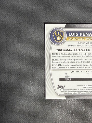 2025 Bowman Chrome 1st Luis Pena Speckle Refractor Auto /299 Brewers Prospect - Picture 5 of 6
