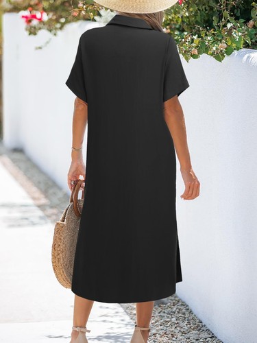 Women Summer Dresses Cotton Linen Dress Collared Short Sleeve Midi Dress 2025... - Bild 4 von 4