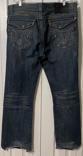 MEK Denim USA Woodstock Boot Cut Dark Wash Distressed Blue Jeans Size 38x34 - Bild 13 von 13