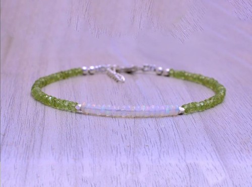 Fire Opal & Green Peridot 3-4MM Faceted Rondelle Gemstone Beaded Bracelet 6-8" - Picture 7 of 10