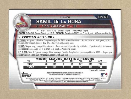 2023 Bowman 1st Samil De La Rosa Chrome Prospect Auto Refractor /499 RC - Picture 2 of 2