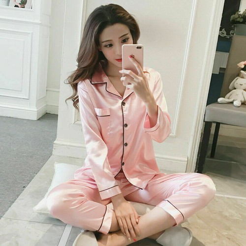 Women Ladies Plain Silky Satin Pyjamas Silk PJ'S Sleepwear Long Sleeve Nightwear - Picture 12 of 13