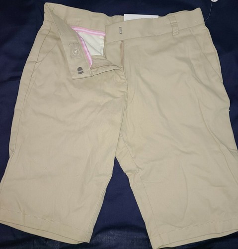 Izod Approved School Uniform Adjust Waist Stretch Skinny Bermuda Shorts 14 Khaki - Picture 2 of 3