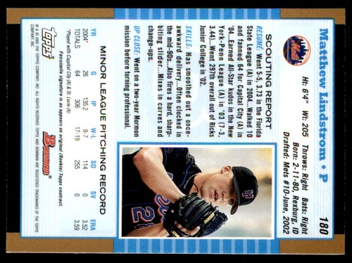 2005 Bowman Gold Matt Lindstrom New York Mets #180 - Picture 2 of 2