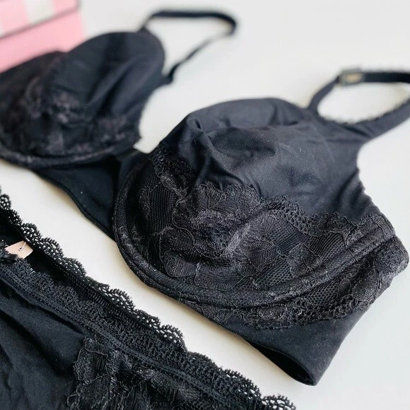 38C GRANDE Victoria’s Secret VINTAGE Conjunto Sujetador Negro Hiphugger Bragas Foto 2 de 4