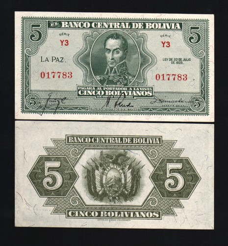 BOLIVIA 5 BOLIVIANOS P-129 1928 WATERLOO HORSE SIMON BOLIVAR UNC LATINO BANKNOTE - Picture 3 of 5