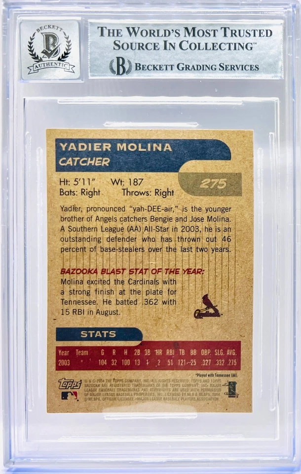 2004 Bazooka Yadier Molina Signed Cardinals #275B MLB Baseball Beckett Auto 10 - Image 2 of 2