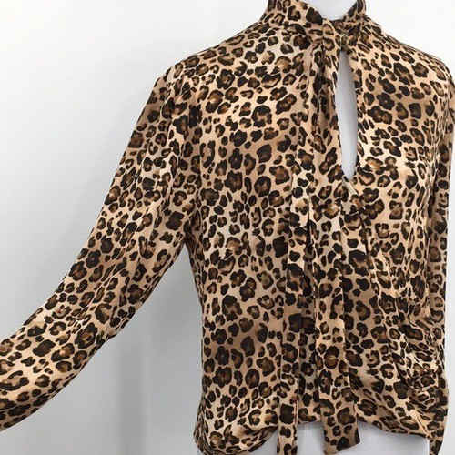 Nicholas Blouse Womens 4 Brown Black Silk Leopard Print Tie Front High Neck - Picture 9 of 16