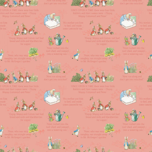 The Tale of Peter Rabbit 44" Text In Blue or Coral Quilt Fabric - Picture 3 of 4