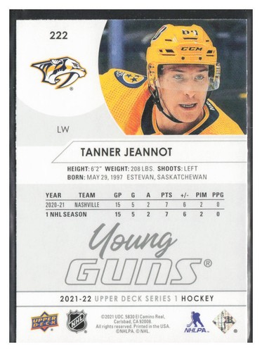 Upper Deck 2021-22 #222 Tanner Jeannot - Foto 2 di 2