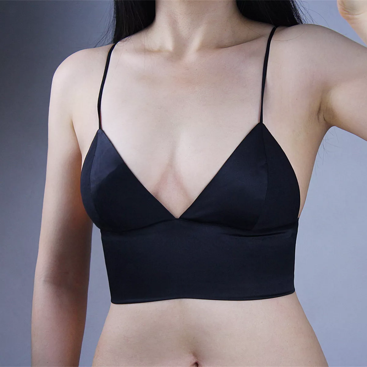 SATIN BRA TOP Bralette Stretch Faux Silk Crop Corset Black Triangle  Spaghetti