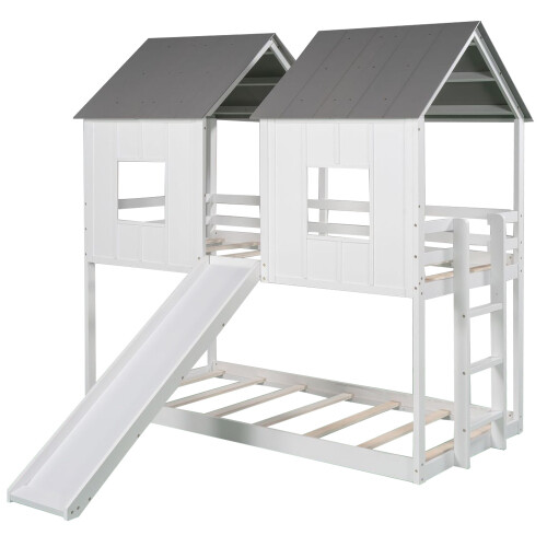Twin Over Twin House Bunk Bed Wooden Bed Frame with Roof and Ladder - Picture 7 of 11