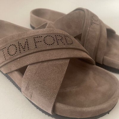 TOM FORD Crossover Logo Strap Slides Sandal Sz 7 Suede J1299