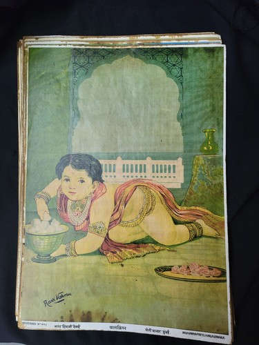 Antique Traditional Indian Print by Artist Raja Ravi Varma Subject Baby Krishna
