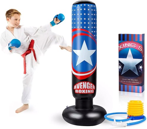 63" Kids Punching Bag, Inflatable Boxing Bag Stand w/Air Pump, Karate Taekwondo - Picture 4 of 8