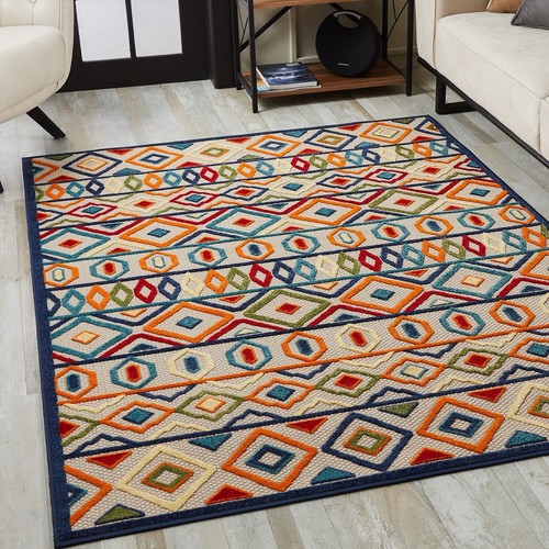 8' X 10' Ivory And Blue Southwestern Stain Resistant Indoor Outdoor Area Rug - Picture 4 of 4