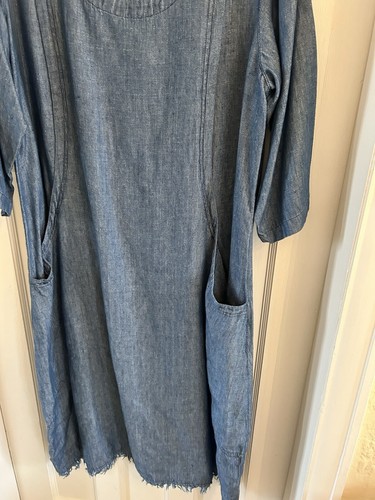 SAHARA LINEN DENIM LOOK DRESS SIZE XL 3/4 SLEEVE FRAYED HEM DETAILS POCKETS - Picture 6 of 16
