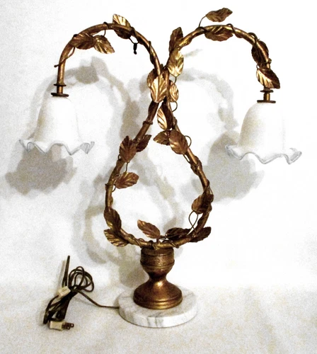 Vtg Art Deco Bronze Leaf Design 2 Arm Table Lamp Glass Shades Marble Base ITALY