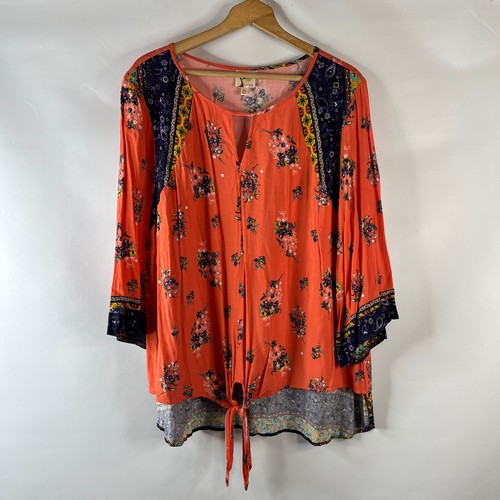 Fig & Flower Damen Tunika Bluse Shirt Top Größe 3X orange Blumenmuster vorne zum Binden Knoten - Bild 2 von 10