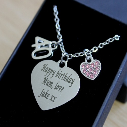 ENGRAVED Pink Heart Necklace Personalised 16th 18th 21st 30th 40th Birthday Gift - Picture 3 of 5