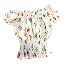 Romantic Summer White Floral Smocked Blouse Medium Milkmaid Cottagecore Peasant