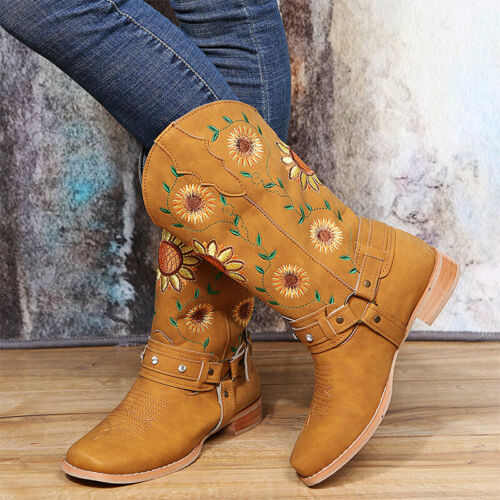 Womens Mid Calf Western Boot Sonnenblume Arbeit Wide-Calf Retro Cowgirl Stiefel - Bild 5 von 10