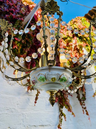 Antique Bronze Chandelier, Floral, White Ceramic Porcelain Capodimonte Manises - Picture 3 of 11