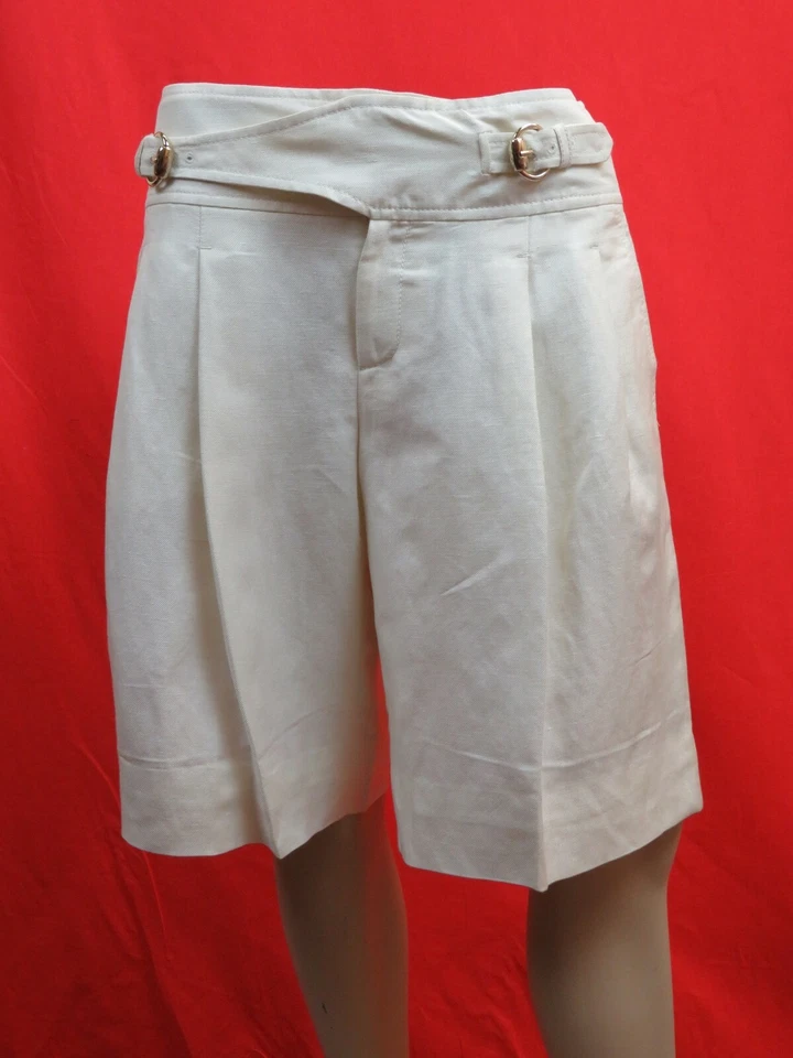 NUEVO CON ETIQUETAS GUCCI 171894 OFF WHITE LINO CINTURÓN DORADO 2 X HEBILLA PANTALONES CORTOS 40 $695 ITALIA